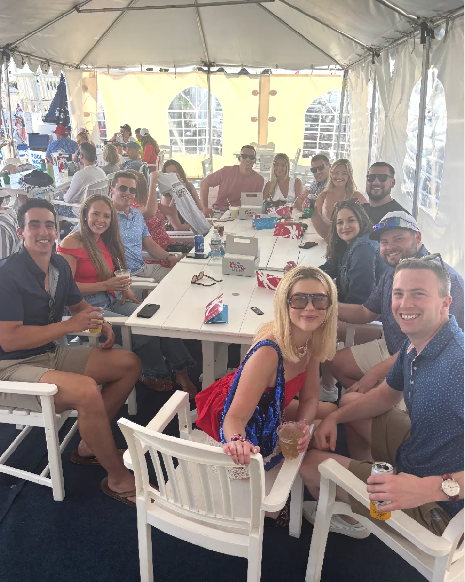 Outdoor seating at Trader Ed's waterfront patio